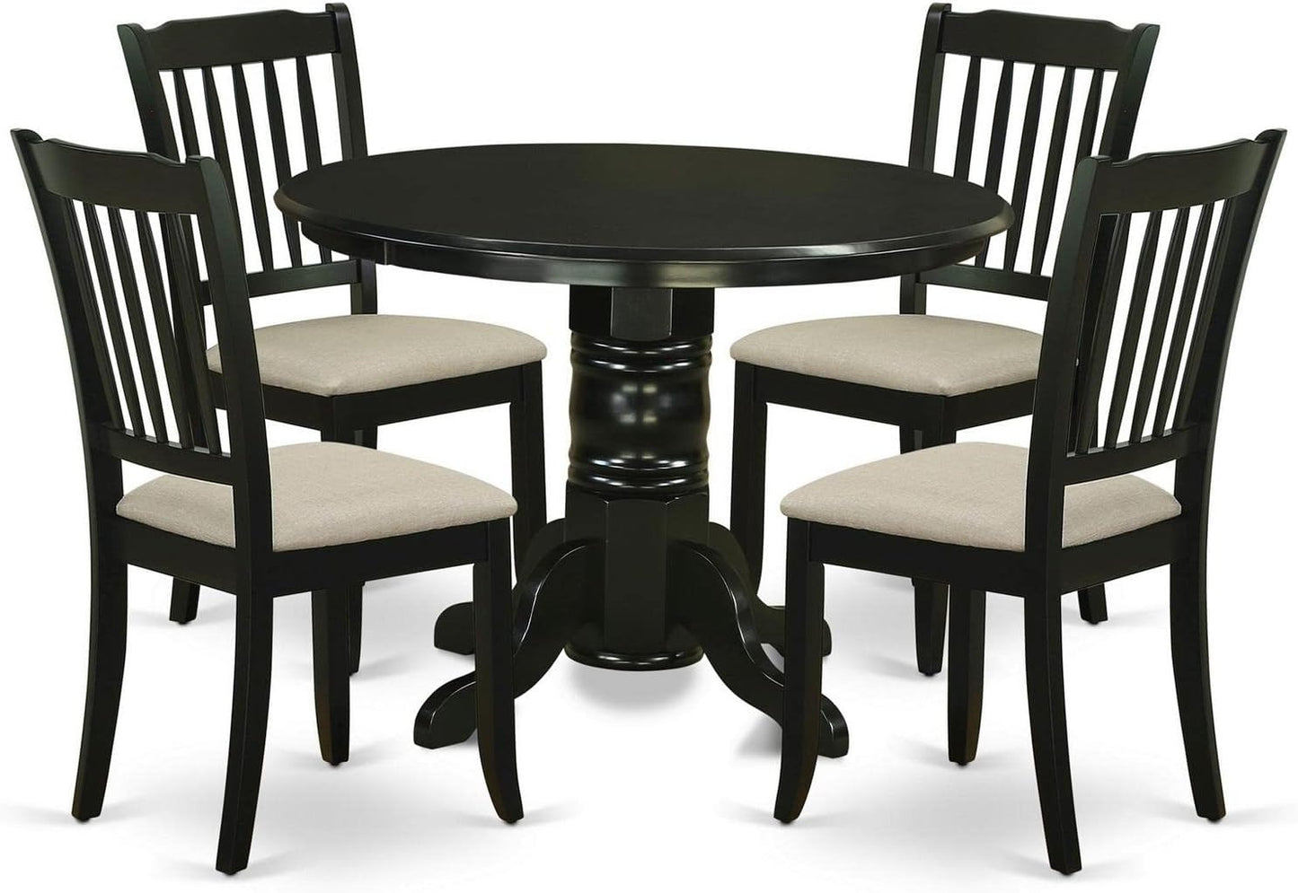 East West Furniture SHDA5-BLK-C 5 Piece Dinette Set for 4 Includes a Round Kitchen Table with Pedestal and 4 Linen Fabric Kitchen Dining Chairs, 42x42 Inch, Black