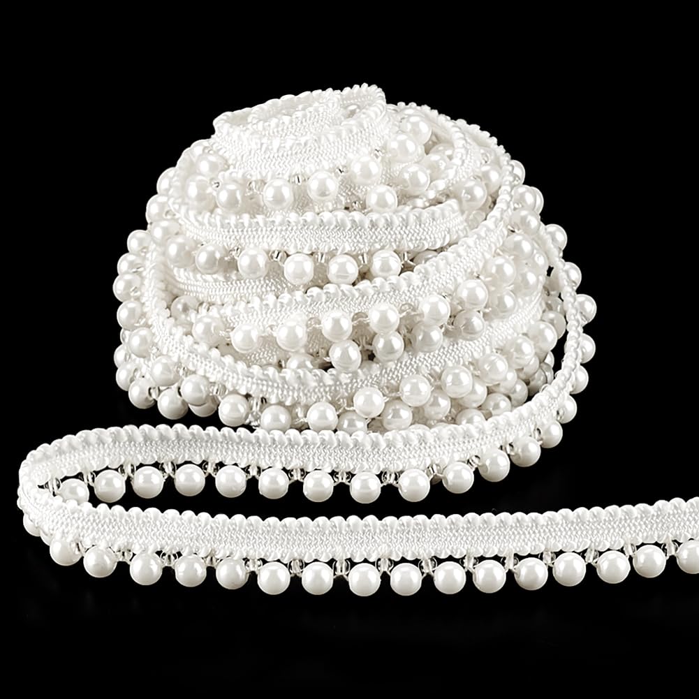 PH PandaHall 5 Yards Faux Pearls Lace Ribbon, 1/2 inch Applique Pearl Fringe Craft Ribbon Pearls Chain Pearl Beaded Trim Bridal Embellishments for Wedding Sewing Clothing Craft Costume Lamp Shade