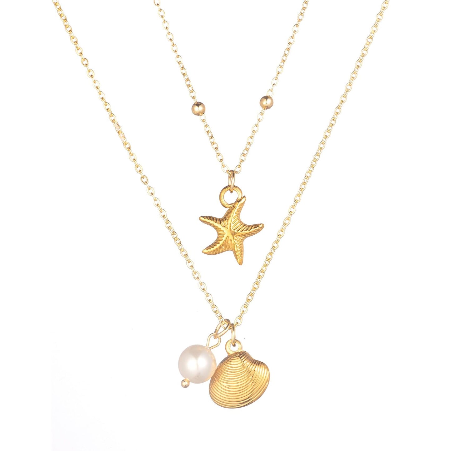 Shell Necklaces for Women 14k Gold Plated Layered Starfish Conch SeaShell Pearl Pendant Charm Necklace Adjustable Stainless Steel Chain Summer Beach Jewelry (Gold Starfish)