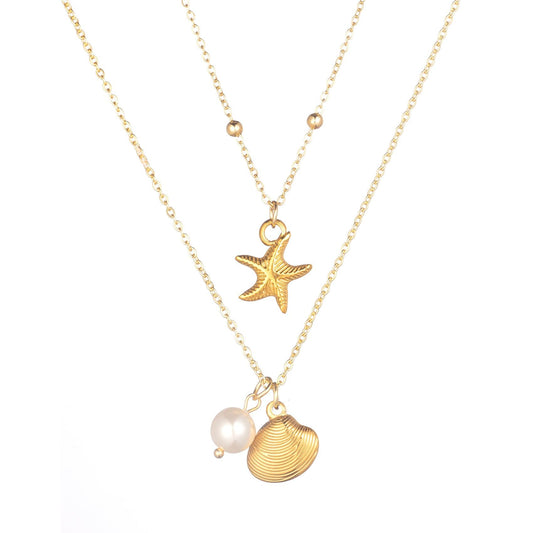 Shell Necklaces for Women 14k Gold Plated Layered Starfish Conch SeaShell Pearl Pendant Charm Necklace Adjustable Stainless Steel Chain Summer Beach Jewelry (Gold Starfish)
