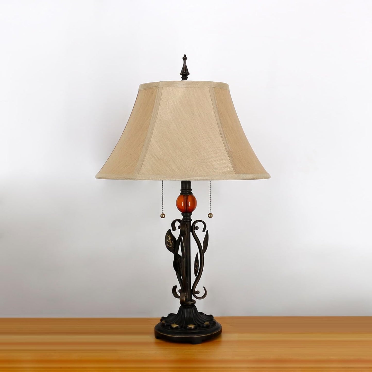 Table Lamp Mid-Century Yellow Fabric Desk Reading Light with Antique Resin Metal Leaf Base 25 Inch Tall Decor for Living Room Office Bedroom