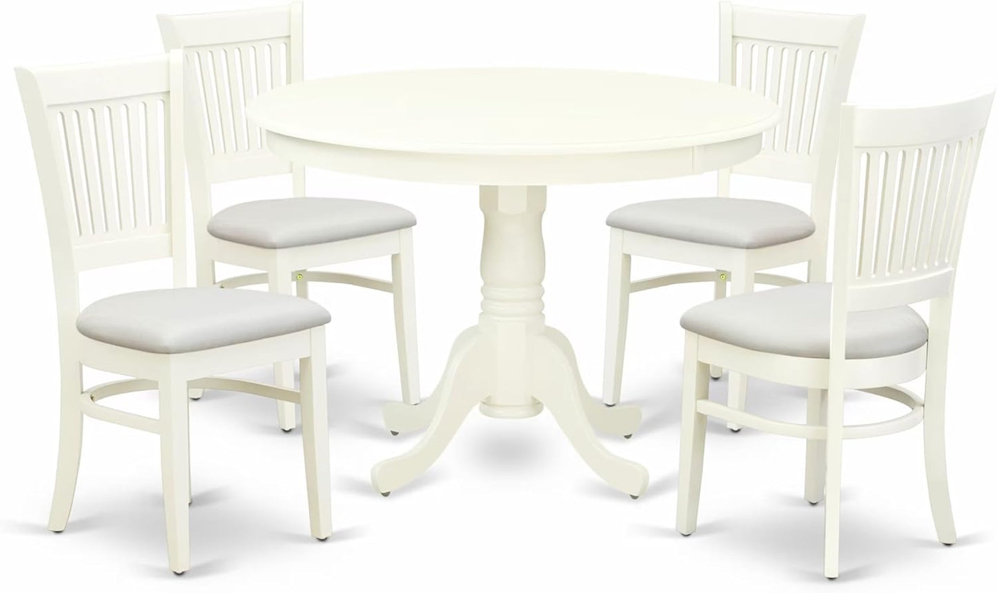 East West Furniture HLVA5-LWH-C 5 Piece Kitchen Table Set for 4 Includes a Round Dining Room Table with Pedestal and 4 Linen Fabric Upholstered Dining Chairs, 42x42 Inch, Linen White