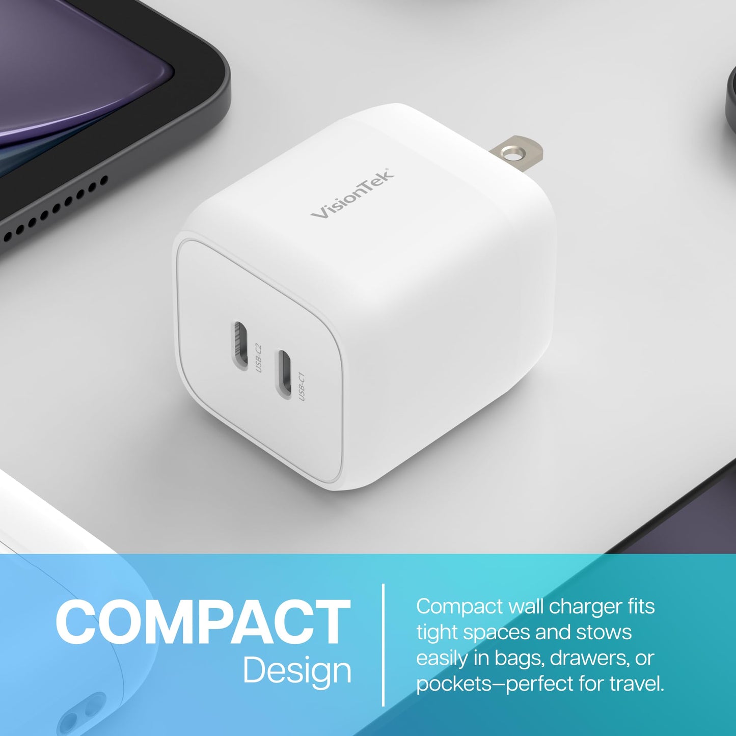 Visiontek Gan Ii 45W Wall Fast Charger - Dual Usbc Ports - 2X Usb-C - Compatible With Macbook Air, Ipad, Iphone, Galaxy, Steam D