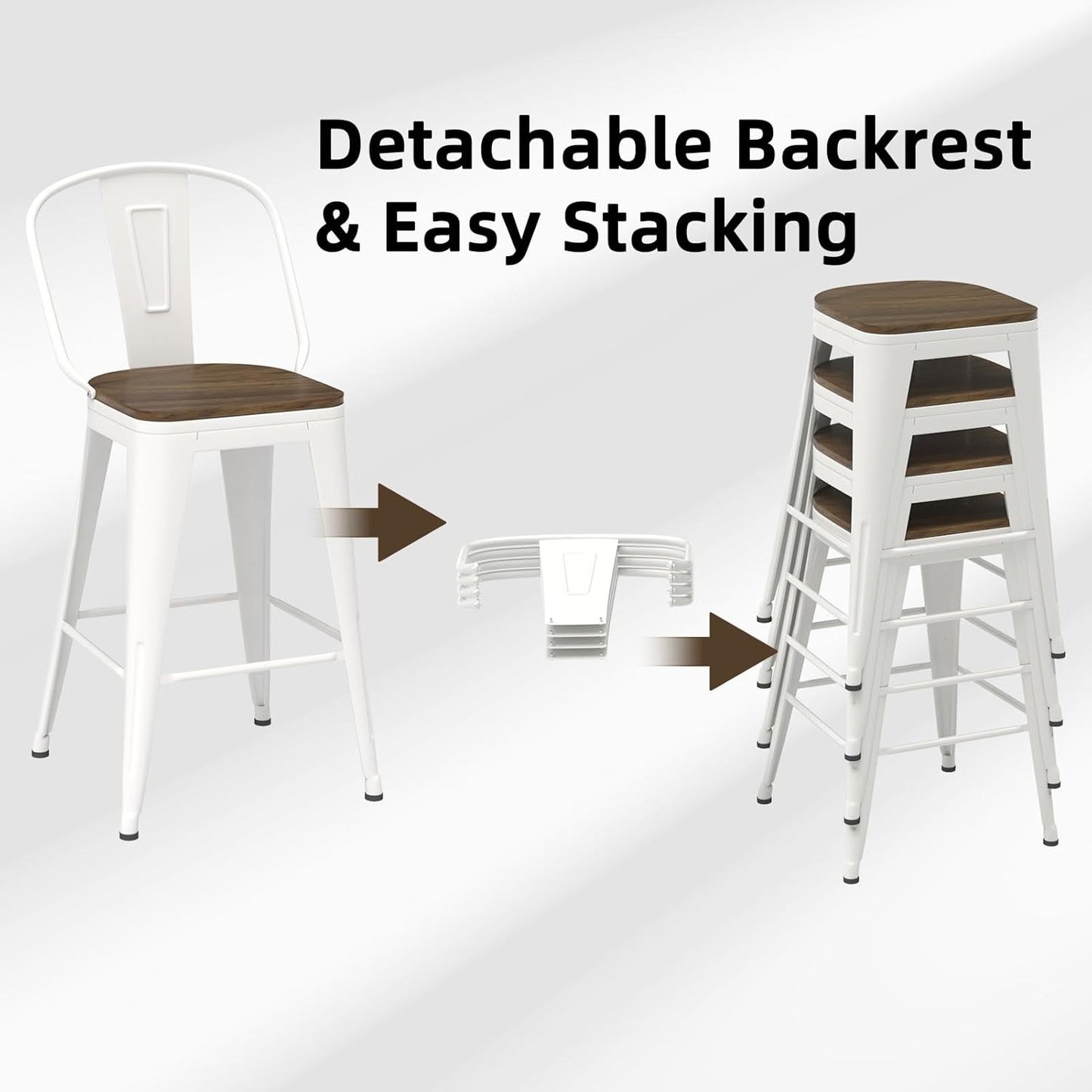 26” Swivel Bar Stools Set of 4, Counter Height Bar Stools Wooden Seat, Metal Industrial Bar Chairs with High Back for Kitchen Island (White)
