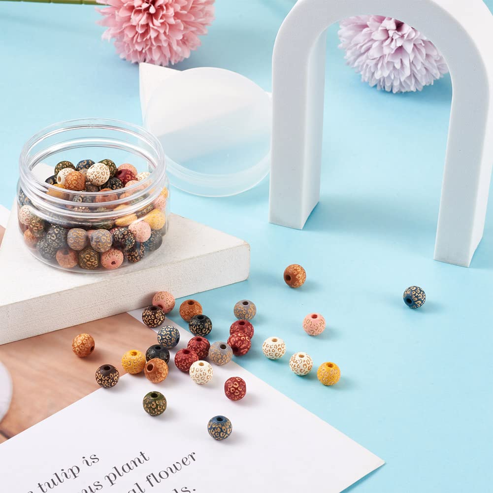KISSITTY 100pcs/box Painted Wooden Beads for Crafts Natural Wood Beads Leopard Print Beads 10 Colors for DIY Bracelet Necklace Earrings Jewelry Making About 10mm in Diameter