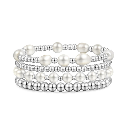 Silver Pearl Beaded Bracelets for Women Baroque Pearl Stackable Stretch Bead Ball Bracelet Jewelry Gifts （4PCS)