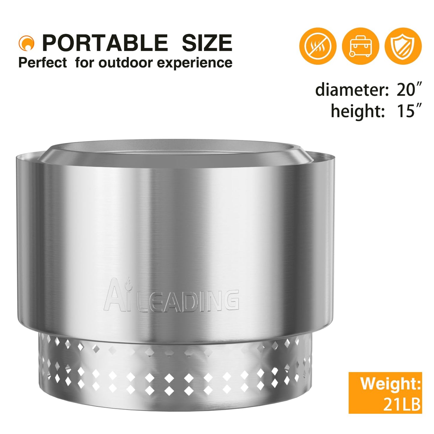 20 Inch Smokeless Fire Pit with Removable Ash Pan, Fire Pits for Outside Wood Burning, Portable Bonfire Outdoor Firepit, Bag & Poker Included, Stainless Steel, Camping Backyard (9KG) (No Legs)