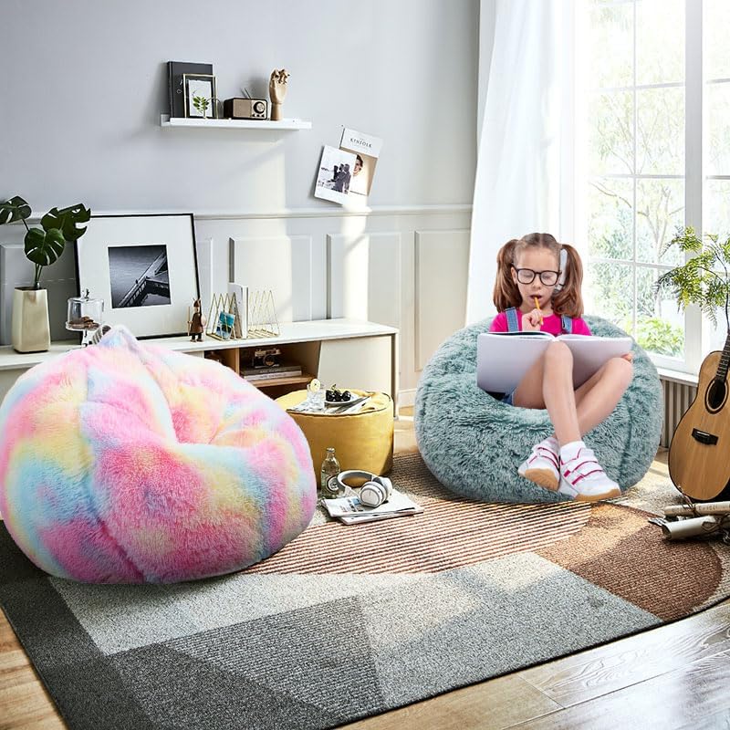 Fluffy Bean Bag Chair, 3FT Round Memory Foam Filled Bean Bag for Teens & Kids, Ultra Soft Faux Fur Fabric Bean Bag Chairs for Playroom, Living Room, Bedroom, Dark Green