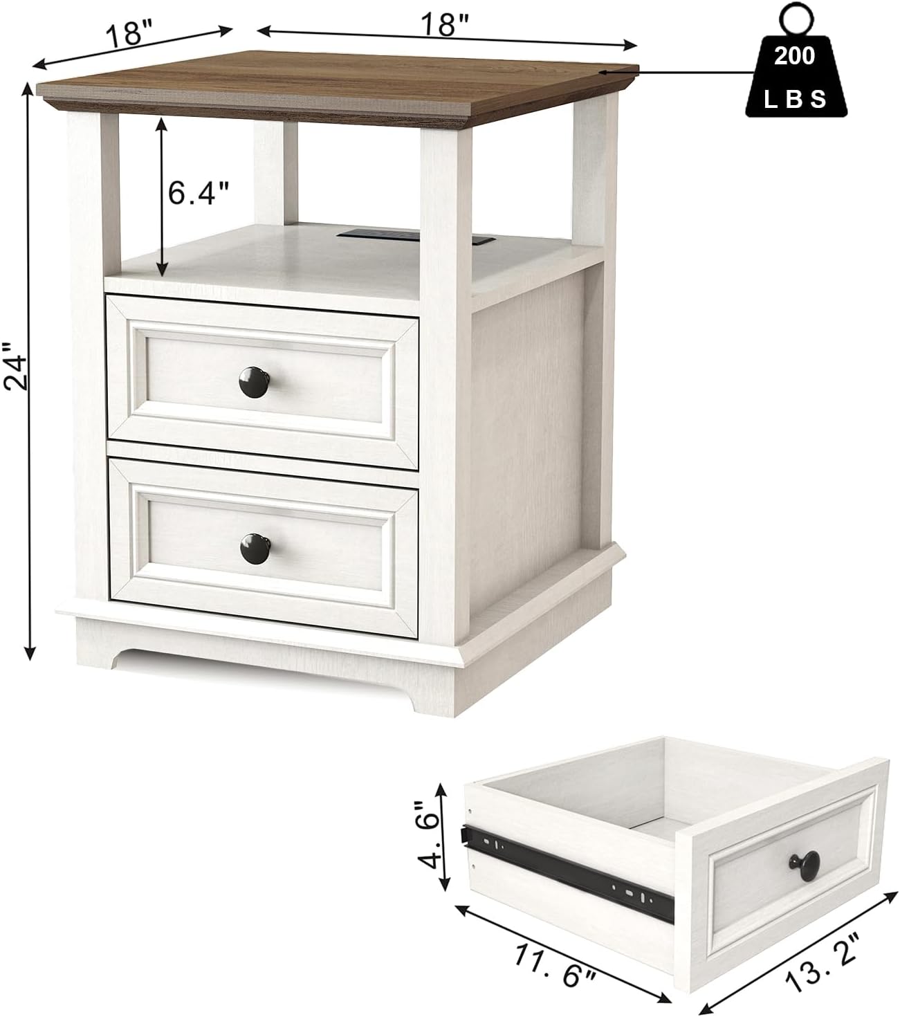 End Table with Fast USB C Charging Station, 18" Wide Tall Sofa Side Table with 2 Drawers, Large Storage Rustic Wood Square Storage Cabinet for Living Room,Bedroom,Office, White