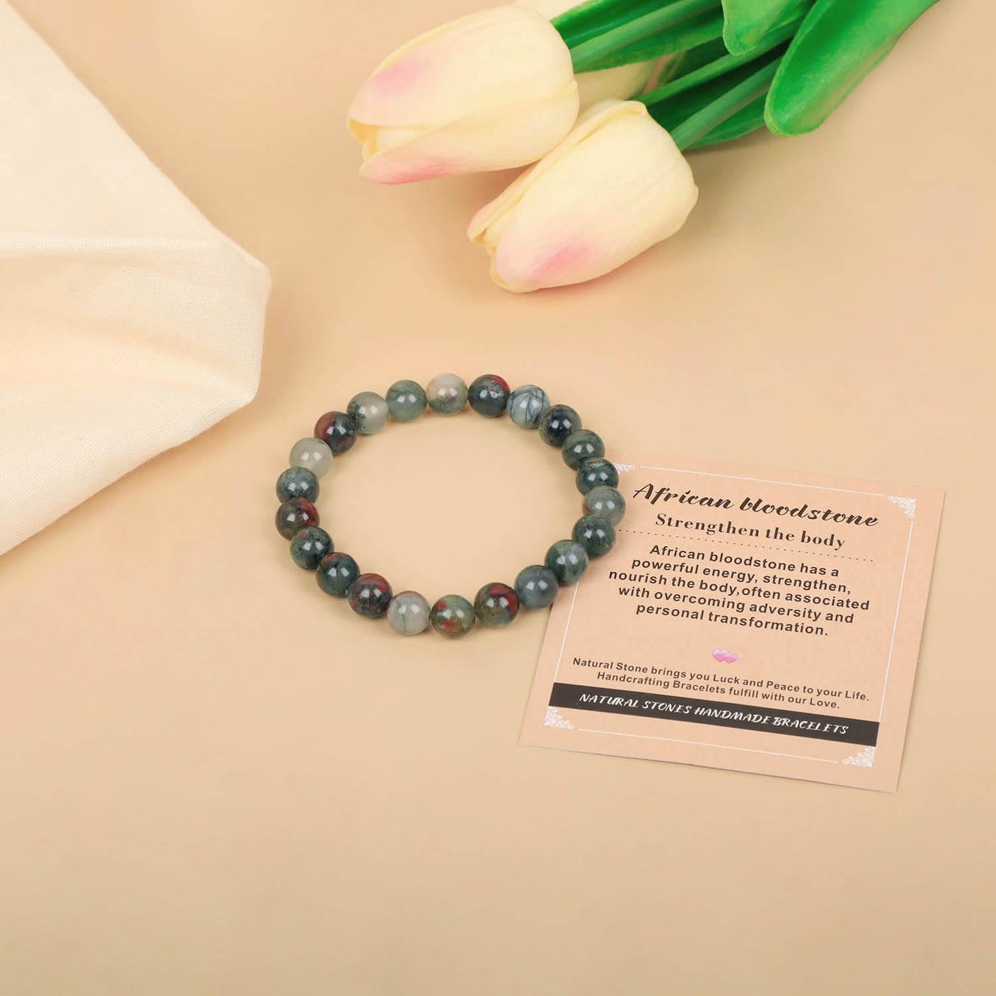 AD Beads Handmade Gemstone Stretch Elastic Bracelet Crystal Healing Reiki Nature's Beauty and Spiritual Essence Unisex (4mm, African Bloodstone (Strengthen the Body))