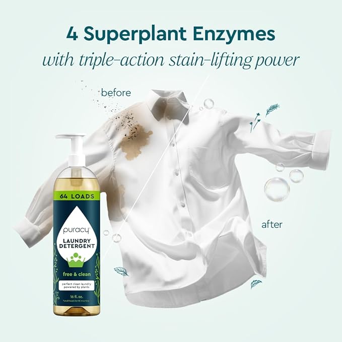 Puracy Laundry Detergent - Enzyme-Powered Liquid Laundry Detergent Concentrate, Natural Laundry Detergent Seen on TikTok, Non-Toxic (Free & Clear, 16 fl oz, 64 Loads) (Pack of 2)