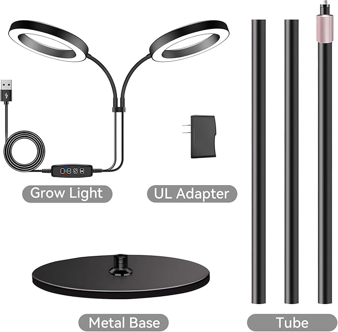 Dual-Head Grow Lights for Indoor Plants, Full Spectrum Plant Lights with 23.5-67" Adjustable Height Stand, 3 Growing Modes with Timer 3/9/12H, Dimmable Halo Grow Lights for Large Tall Plants
