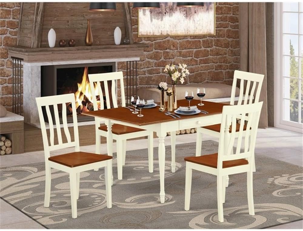 East West Furniture MZAN5-WHI-W 5 Piece Dinette Set for 4 Includes a Rectangle Dining Room Table with Dropleaf and 4 Kitchen Dining Chairs, 36x54 Inch, Buttermilk & Cherry