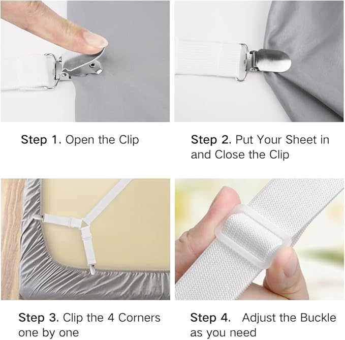 Foloda Sheet Holders Straps, 4 pcs Adjustable Bed Sheet Holder for Corners, Fitted Sheet Straps Fasteners Clips Suspenders Lock Gripper Scrunchie, Keep Sheet in Place