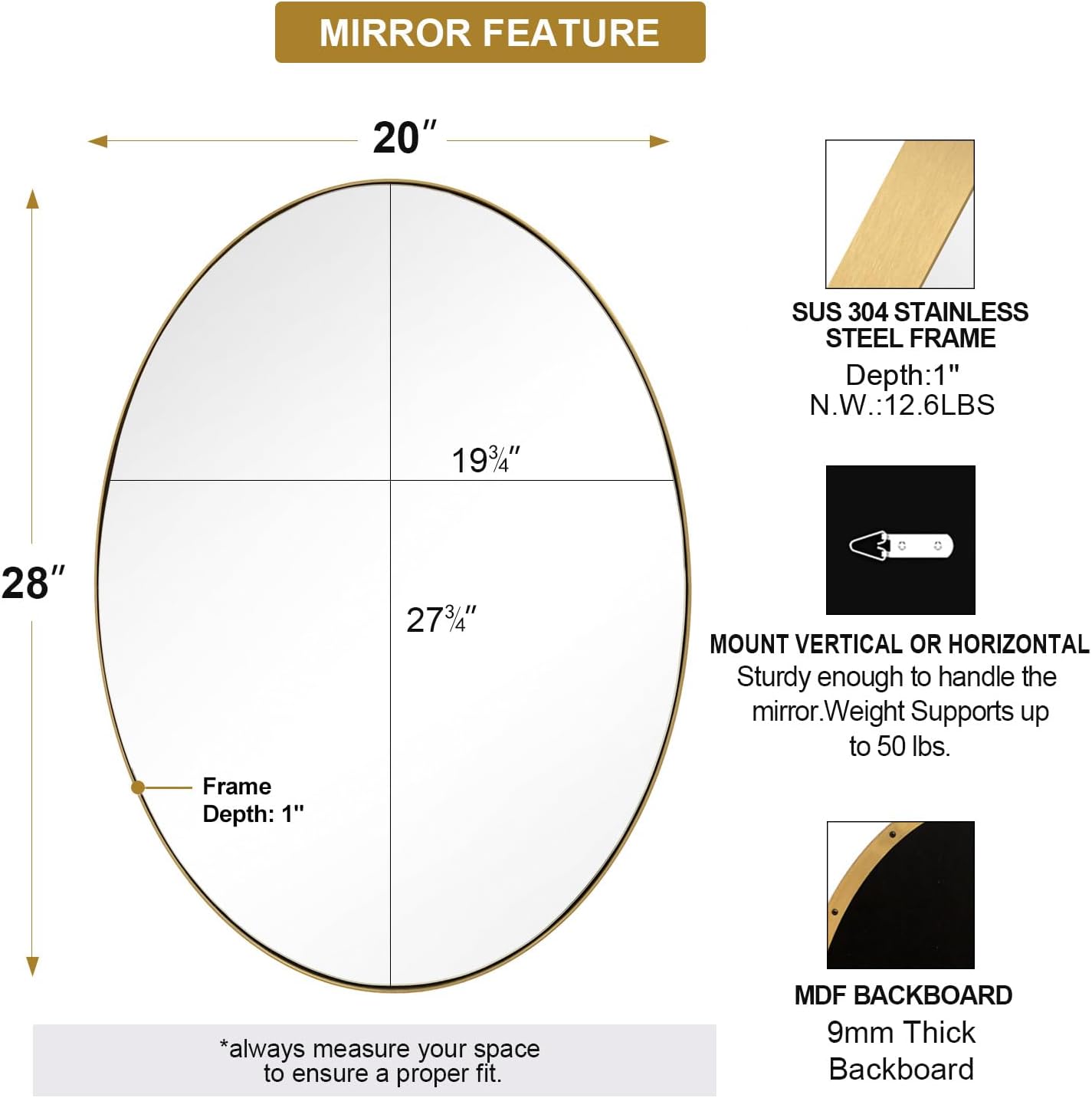 ANDY STAR Gold Oval Mirrors for Bathroom, 20x28 Inch Brushed Gold Stainless Steel Metal Framed Oval Wall Mirror, Modern Vanity Mirror Wall Mount Horizontal or Vertical