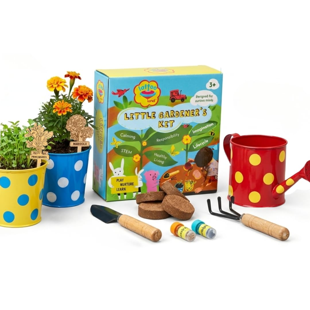 Lattooland Little Gardener's Kit | Complete Gardening Kit for Children 3-8 Year Old| Gardening Tools, Metal planters, Metal Watering can, Soil, Seeds, | Flower Grow Set | Birthday Gift Multicolor