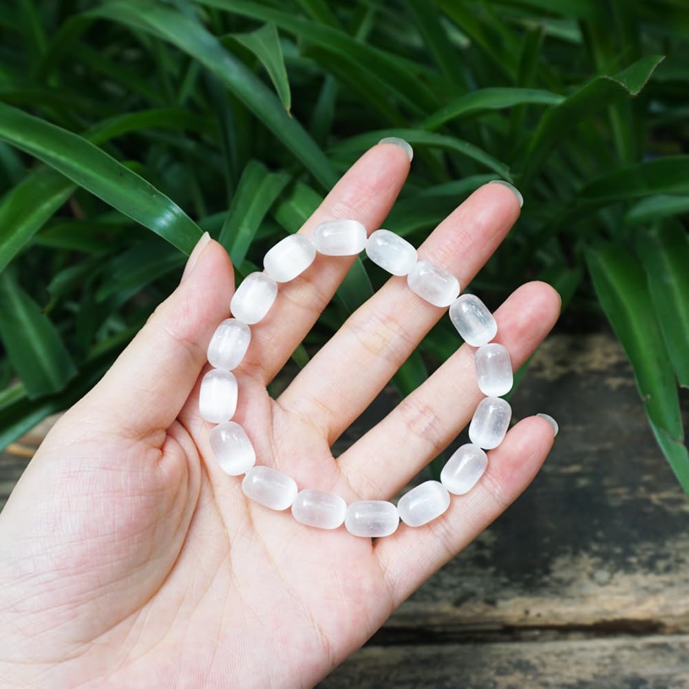 TaHLga Natural Selenite Crystal Bracelet for Women Men |8x12mm White Cylinder Beads | Crown Chakra Stone with Leather Pouch, Gift Box & Repair Kit | Fits about 7.5 inch Wrist