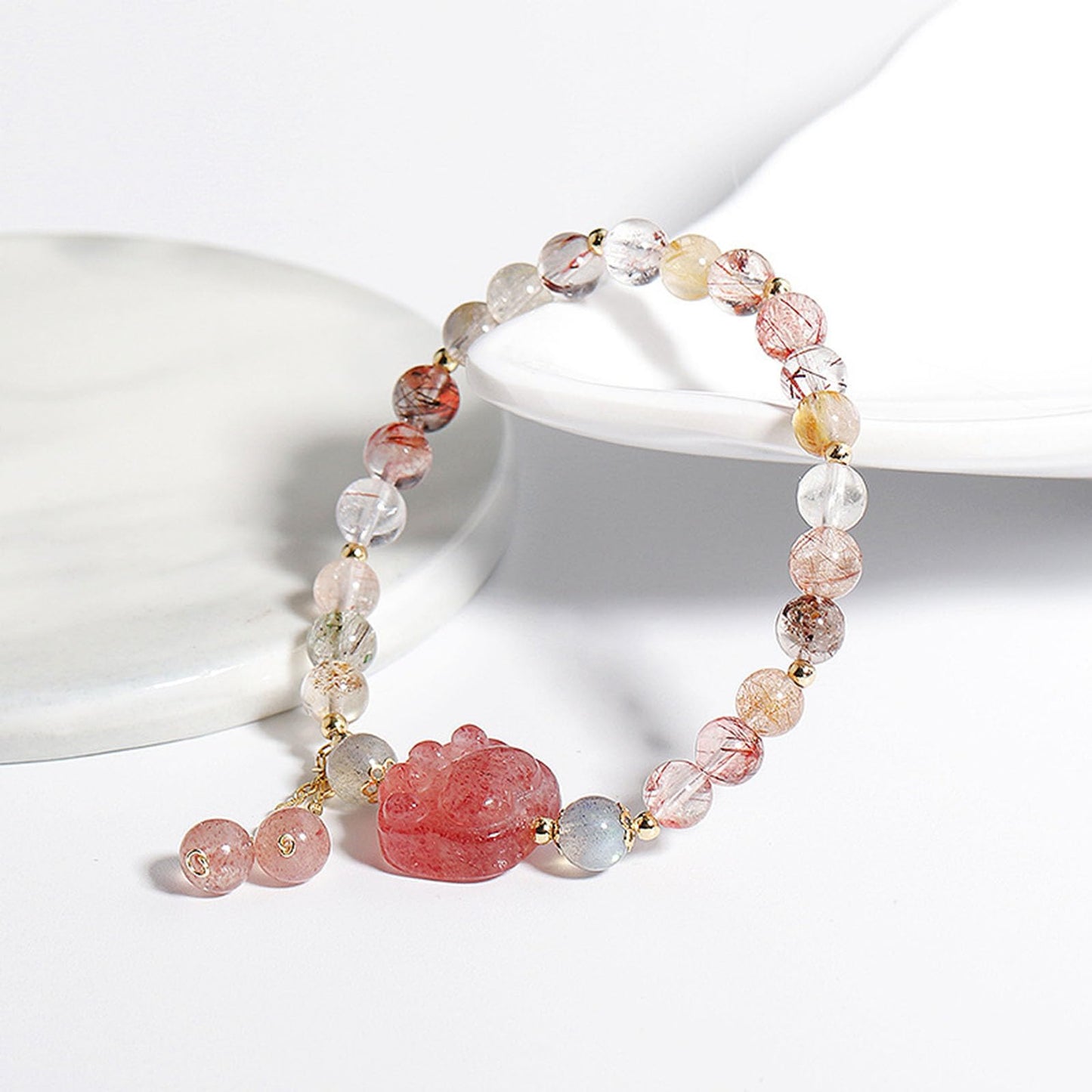 LWQQWL Cat Paw Bracelet Colorful Quartz Crystal Cat Claw Bracelet Strawberry Stone Bracelet Jewelry 7 Inch for Women