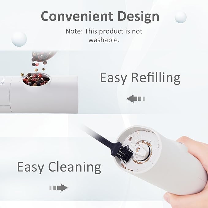 Electric Salt and Pepper Grinder Set Rechargeable, Light Grayish White Automatic Pepper Grinder with Adjustable Coarseness, LED Light, Electric Salt and Pepper Shakers Refillable (2 Packs)