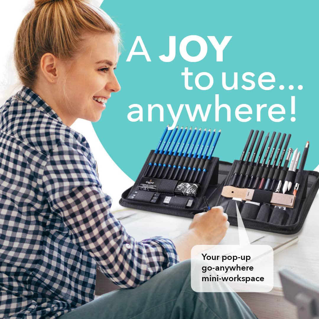 Castle Art Supplies 40 Piece Premium Drawing and Sketching Set with Tutorial | for Artists, Professionals or Beginners | Pencils, Charcoal, Graphite and More | in Neat Carry-Anywhere Zipper Case