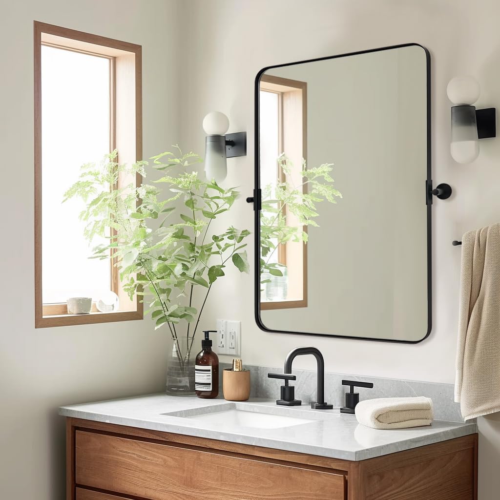 MOON MIRROR Matte Black Pivot Mirror for Bathroom, Tilt Rounded Rectangle for Vanity, Overall 28.33x 32 in (Mirror 24x32 in)
