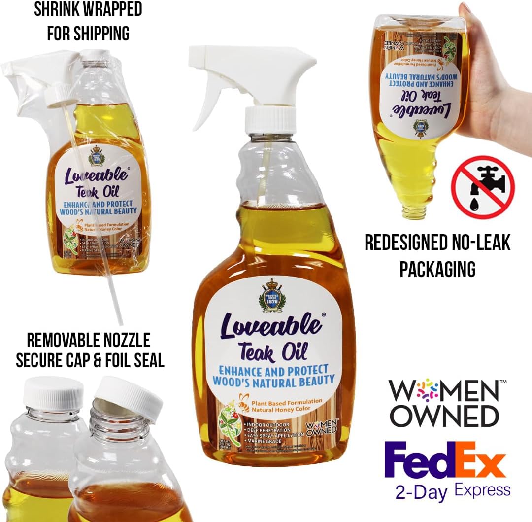 EcoDecors Loveable 24 oz Spray Bottle Teak Oil and Loveable Protection 16 oz Teak Sealer For Outdoor Furniture