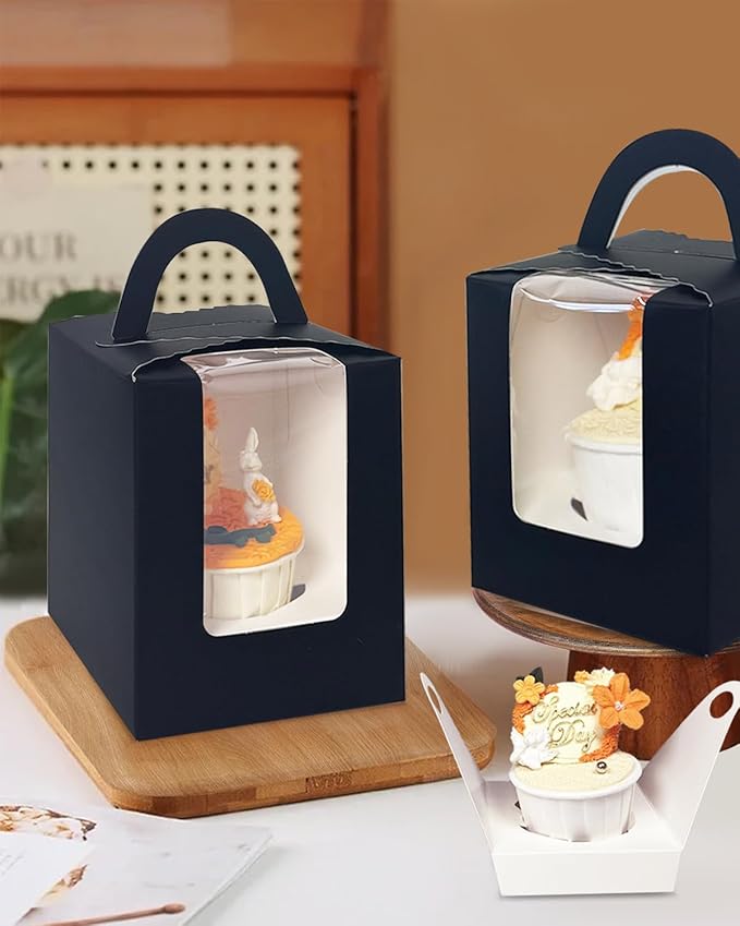 Bakepacker Auto-pop up Individual Cupcake Boxes with Window 60 Count Black Single Cupcakes Box 3.7 x 3.7 x 4.3inch Cupcake Carrier