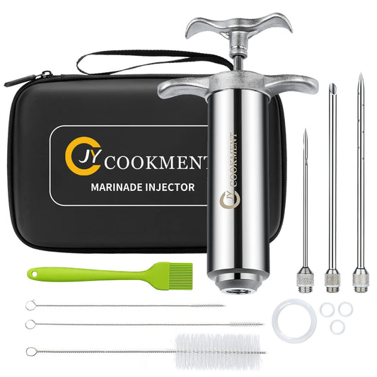 Meat Injector Syringe 2-oz Marinade Flavor Barrel 304 Stainless Steel with 3 Marinade Needles, Travel Case for BBQ Grill Smoker, Turkey, Brisket, Paper Instruction and E-book Included by JY COOKMENT