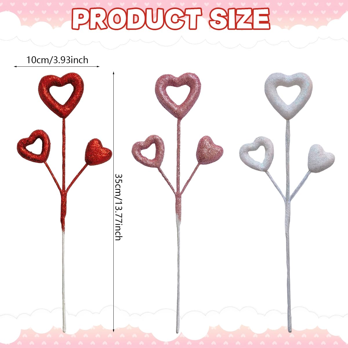 6 Pcs Glitter Heart Picks Valentine's Day Puffy Foam Hearts Floral Sparkly Sticks for Valentine Wedding Arrangements Party Vase Floral Bouquet Crafts Table Centerpiece Decorations