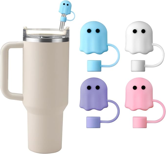 Halloween Silicone Straw Covers Cap for Stanley Cup, Cute Straw Topper for Stanley 30&40 Oz Tumbler, Reusable Dust-Proof Drinking Straw Cover, Set of 4 (Halloween Ghost)