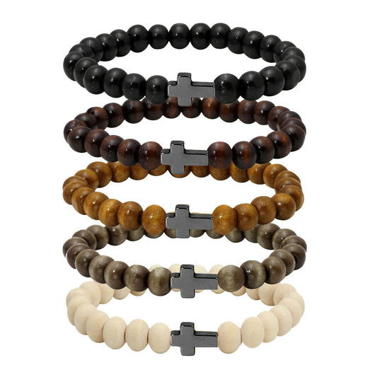 MILAKOO 5Pcs Black Hematite Cross Charms Wooden Bracelets for Unisex Prayer Meditaion Mala Beads