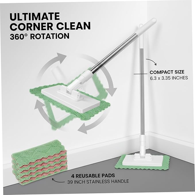 Microfiber Mop, 4 Reusable Pads Small Flat Mop, 39in Compact for Hardwood Floors & Bathroom Cleaning