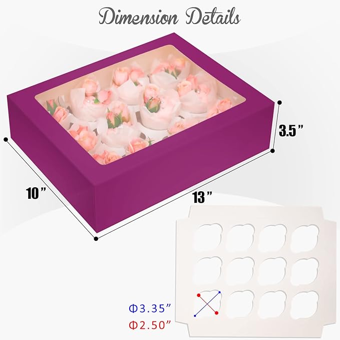 Bakepacker 12 Cupcake Containers 10-Packs Deep Purple Cupcake Box Cupcakes Carrier, 12 Cupcake Boxes with Window 13"x10"x3.5"（Auto-pop up）