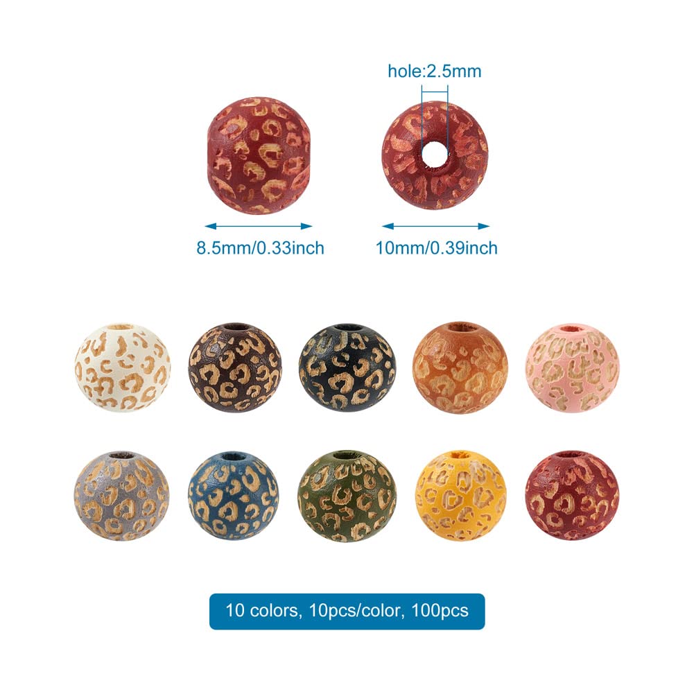 KISSITTY 100pcs/box Painted Wooden Beads for Crafts Natural Wood Beads Leopard Print Beads 10 Colors for DIY Bracelet Necklace Earrings Jewelry Making About 10mm in Diameter