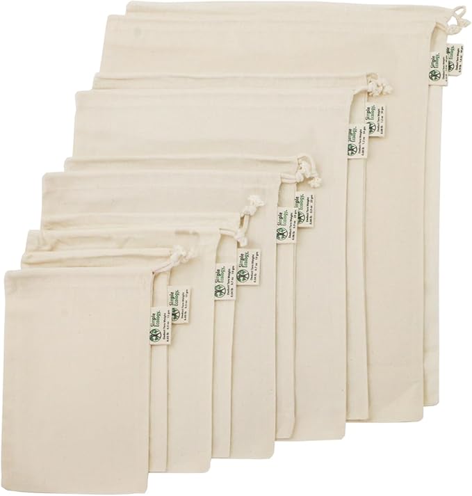Simple Ecology Reusable Grocery Produce Shopping and Storage Bags, Organic Cotton Muslin, Set of 10 (2 ea. XL, L, M, S, XS)