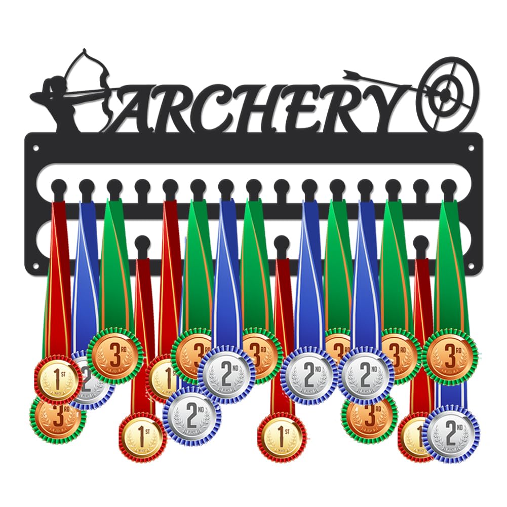 SUPERDANT Archery Medal Hanger Display Sports Medal Holder Wall Mount Archery Medals Hanging 30 Hooks Matte Black Metal Display Rack Iron Race Ribbon Award Organizer Gifts for Athletes 15.7x7.9in
