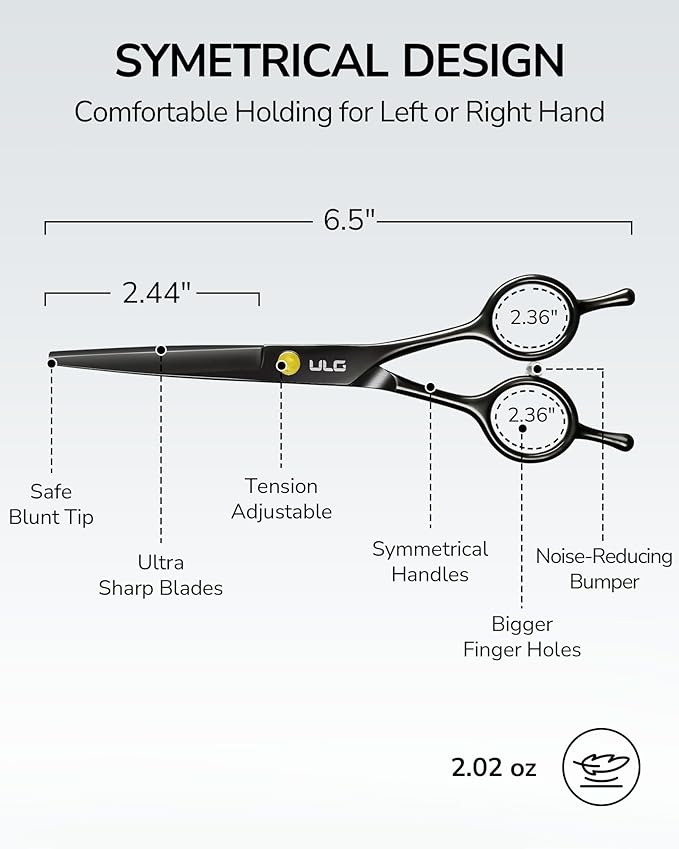 ULG Hair Cutting Scissors Professional Salon Shears 6.5-Inch Ultra Sharp Barber Scissors with Haircut Comb, Left/Right Symmetrical, Stainless Steel Haircut Scissors for Men, Women, Salon & Home Use