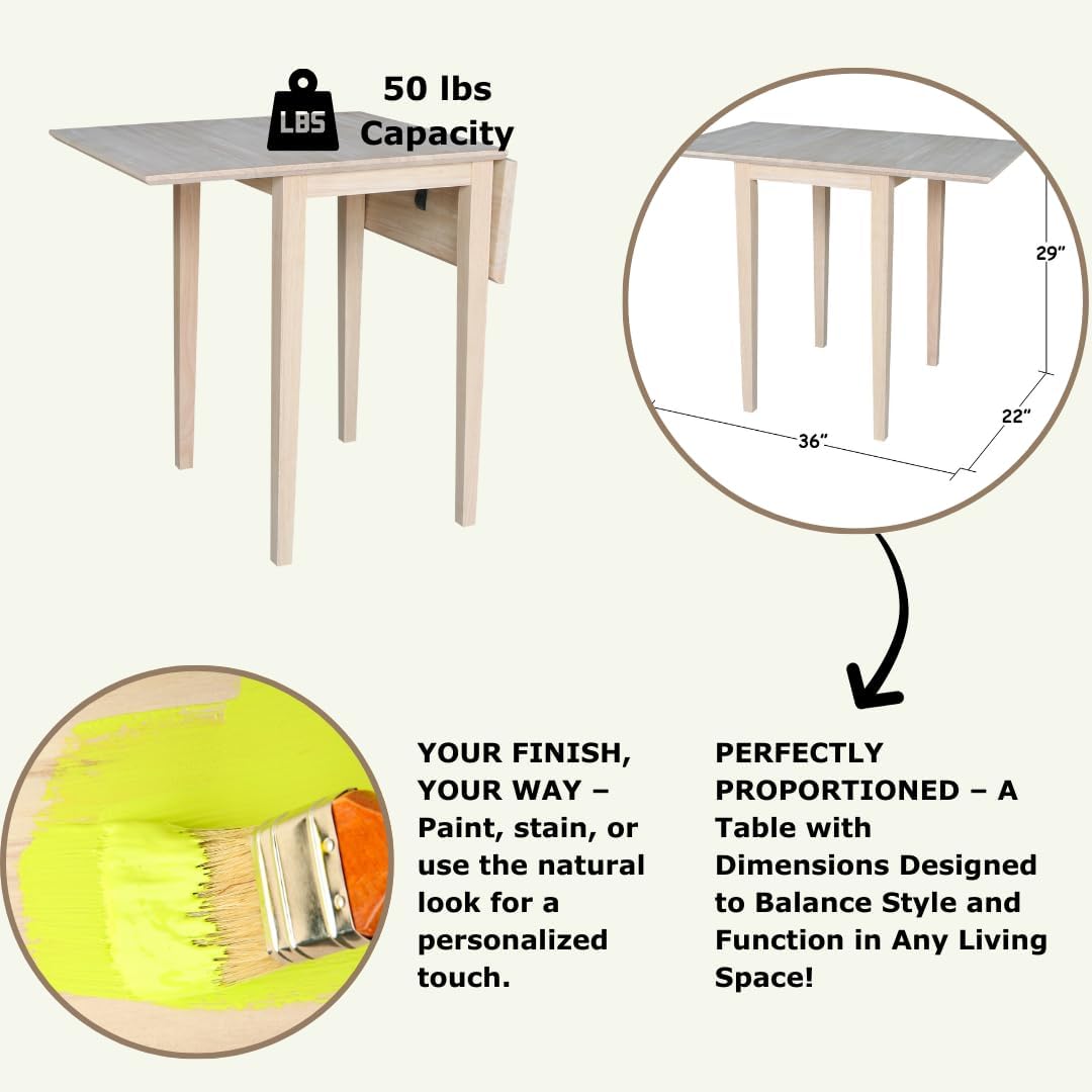 Solid Wood Small Drop Leaf Dining Table in Sturdy Parawood, Dual Drop Leaf Table with 9" Drop Leaf on Each Side, 36"W x 22"D x 29"H, Floor to Apron 26.5 Inches, Easy Assembly, Unfinished