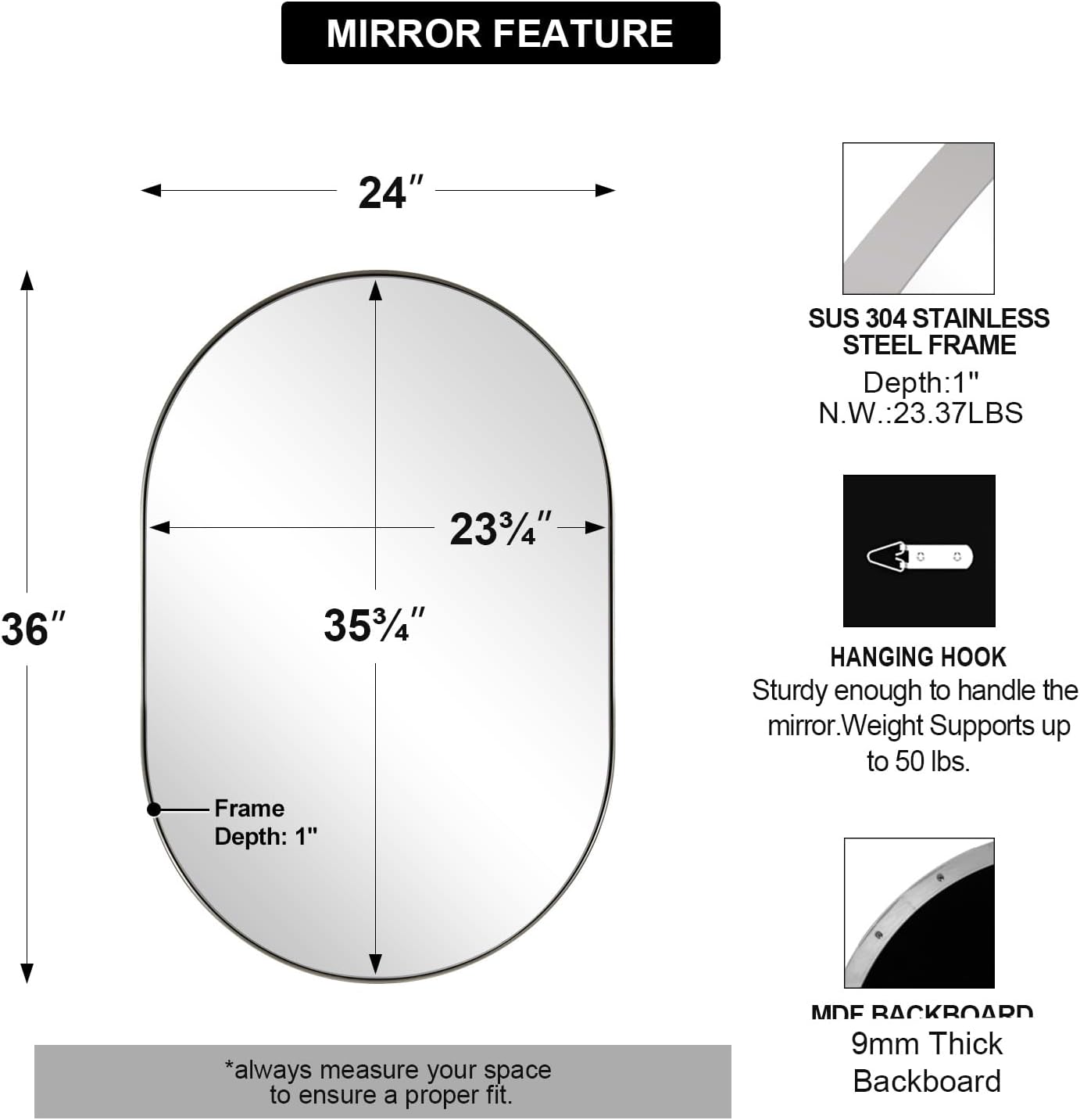 ANDY STAR Chrome Bathroom Mirror 24x36, Chrome Mirror Oval, Polished Silver Bathroom Mirror, Oval Mirrors Stainless Steel Frame Deep 1’’ Hang Vertical or Horizontal