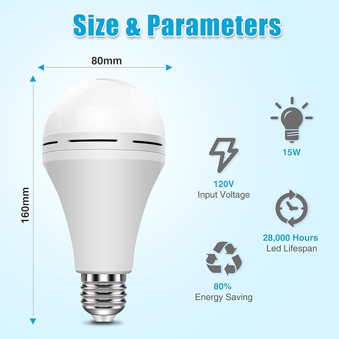 Rechargeable Light Bulbs, Back Up Battery Light Bulbs, 15W 80W Equivalent 6000K 1200mAh Battery Operated Light Bulb for Power Outage Hurricane, Emergency Lights for Home Power Failure, Pack of 4