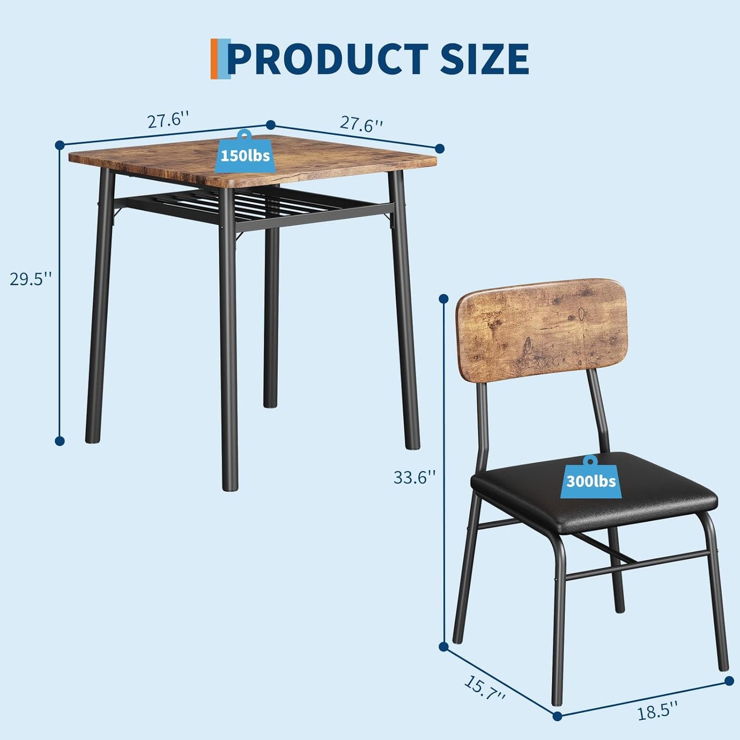 IDEALHOUSE 3-Piece Dining Table Set for 2 with Storage Rack, Wood Kitchen Table with Upholstered Chairs Set of 2, Small Square Table Set with Metal Legs Support, for Dining Room,Living Room