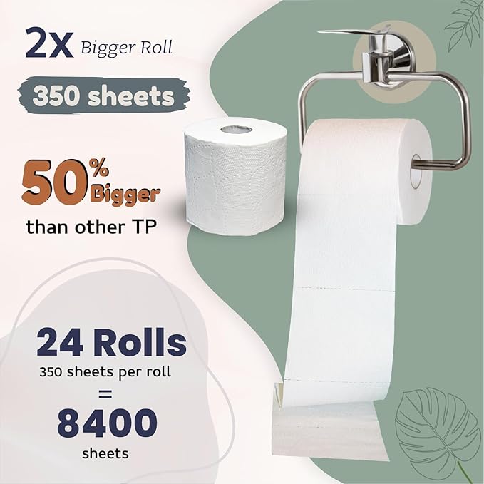 Bamboo Toilet Paper - Organic Ultra Soft 3 Ply - Chemical & PFAS Free, Non-Toxic - 350 Sheets, 24 Pack - Septic Safe, Sustainable - Plant Trees Initiatives with Each Purchase