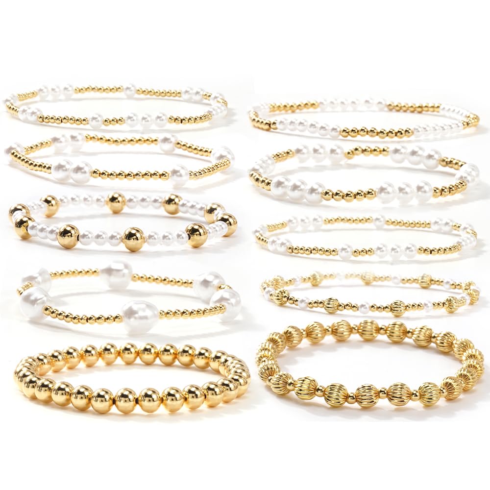 Dainty 14K Gold Pearl Beaded Bracelet Stack for Women,Handmade Bohemian Pearl Non Tarnish Stackable Bracelets Fashion Holiday Party Accessories Jewelry Gift Friendship
