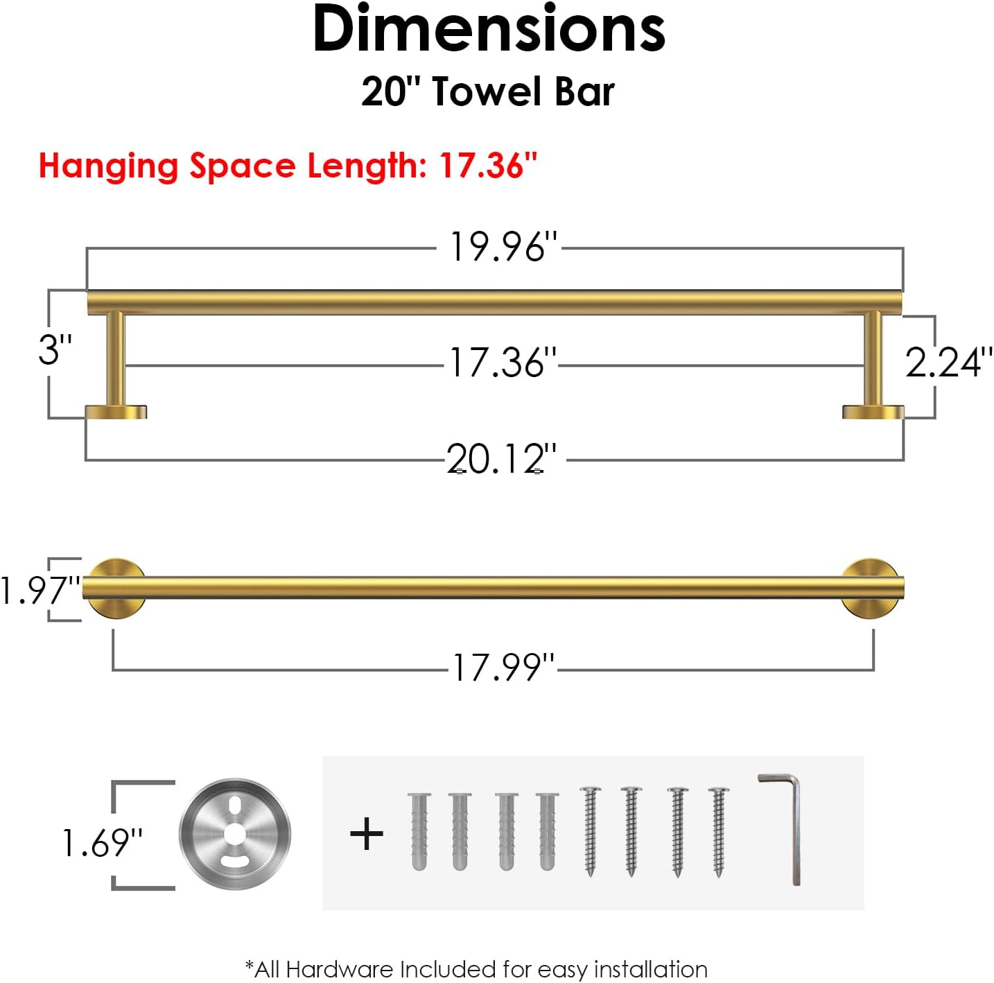 FORIOUS Towel Bar Wall Mounted, Stainless Steel Towel Racks for Bathroom, Includes Wall Mounting Hardware (Brushed Gold, 20 Inch)