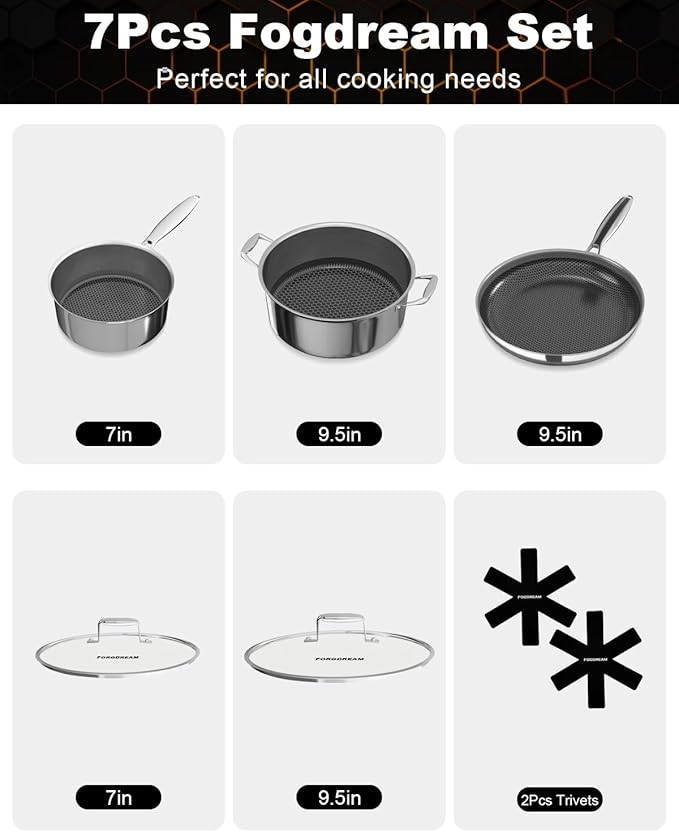 FogDream 5 Pcs Stainless Steel Cookware Set, 9.5in Non Stick Frying Pan, 5-Quart Soup Pot & 2.3-Quart Sauce Pan with 2 Lids, Stay-Cool Handles, Dishwasher & Oven-Safe, Induction Compatible, Silver