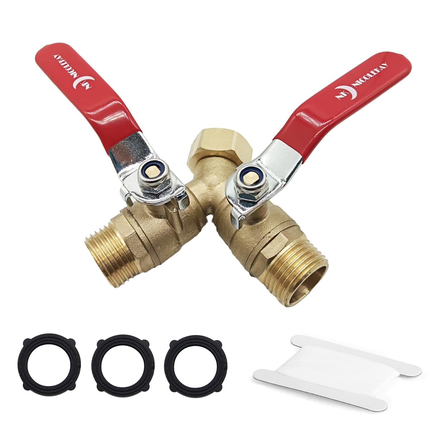 NICOLEKAY Brass Garden Hose Splitter 2 Way Heavy Duty with 304 Stainless Steel Long Handle, Outdoor Full Flow Hose Bib Splitter Connector, Y Valve 3/4 Inch GHT Thread (RED)