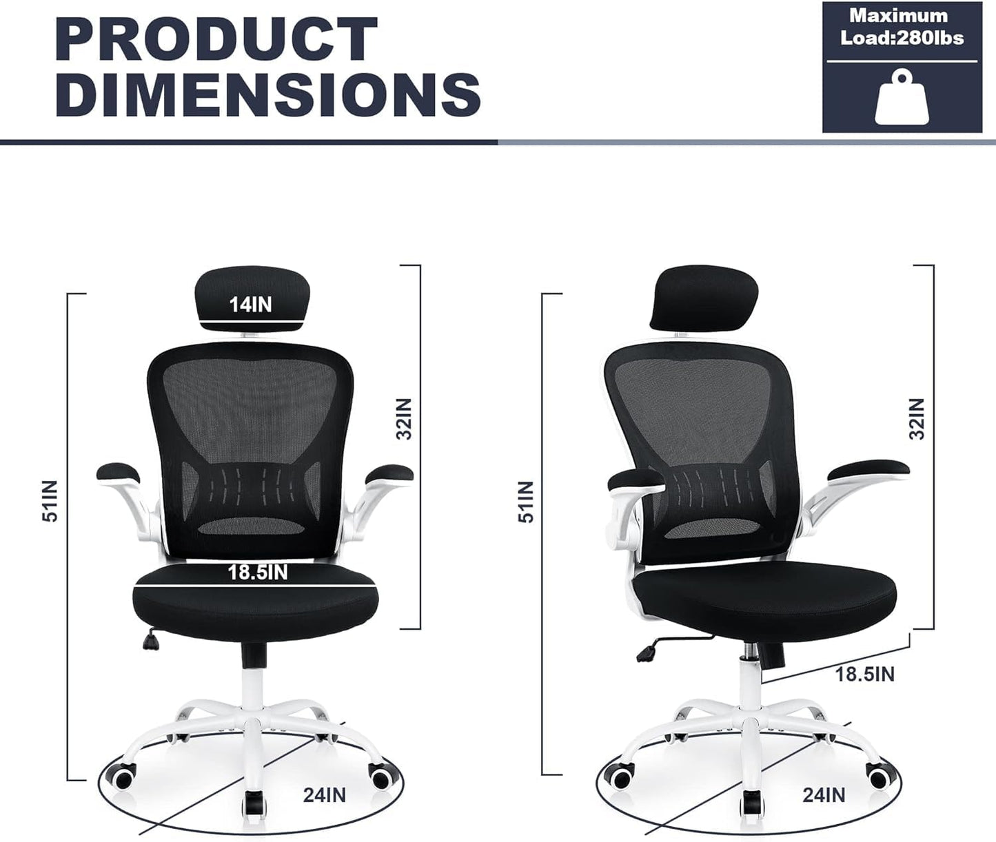 Office Chair Ergonomic Desk Chair Comfort Adjustable Height with Wheels，Lumbar Support Mesh Swivel Computer Home Office Study Task Chair Black & White