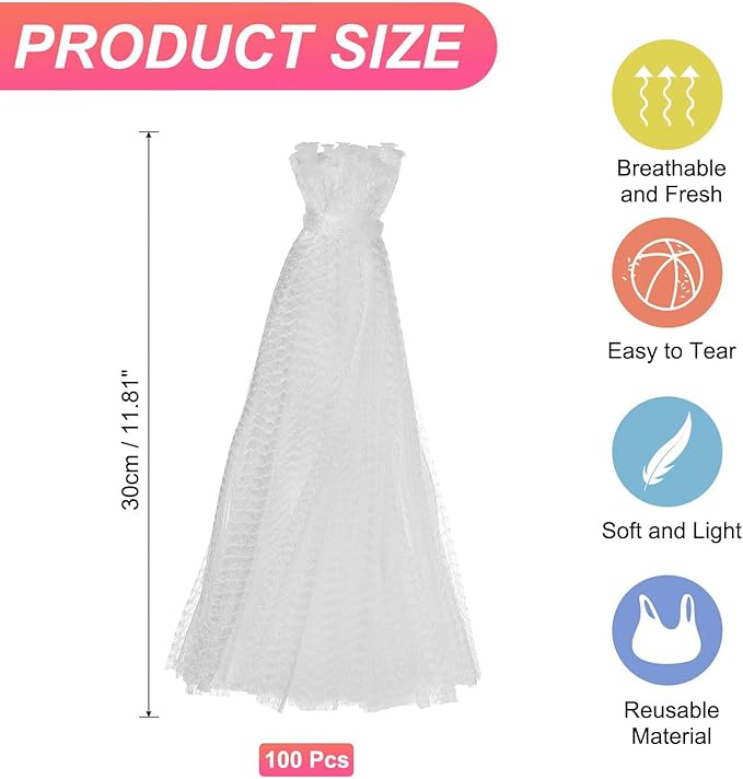 uxcell 100PCS Reusable Mesh Produce Bags, 11.8 Inches Egg Hatching Bags Washable Breathable Fruit Net Stretchable Mesh Netting Storage for Seafood Vegetable Onion Grocery Shopping, White