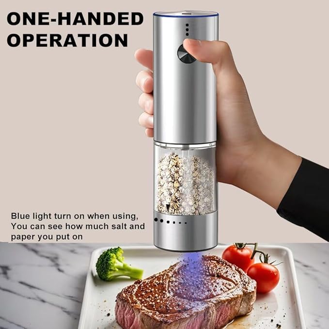 Rechargeable Electric Salt and Pepper Grinder Set, Upgraded Larger Capacity,Premium Stainless Steel Automatic Pepper Salt Mill Grinder Set with LED Light, 6 Adjustable Coarseness