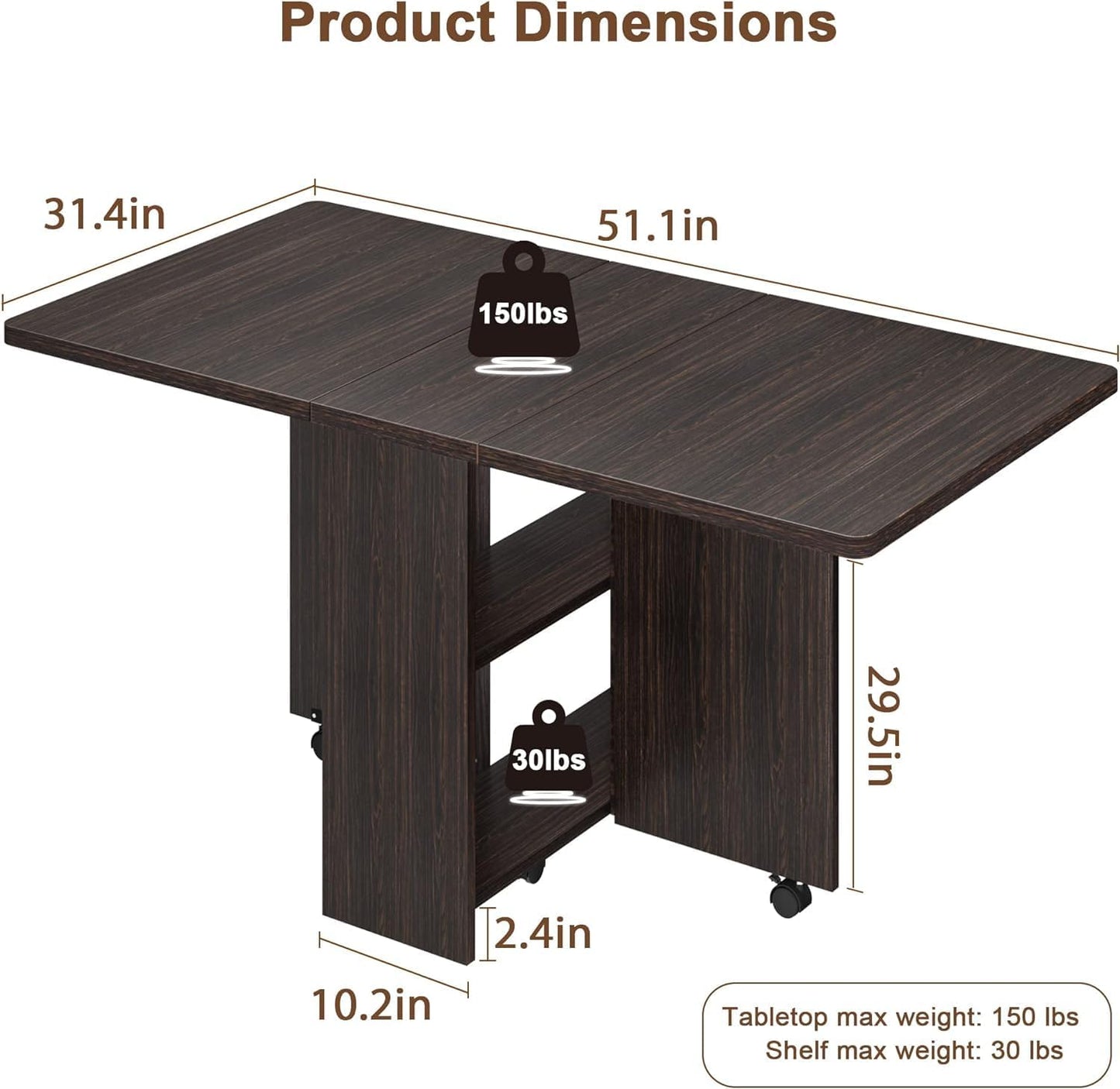IDEALHOUSE Folding Dining Table, Drop Leaf Dining Table with 6 Wheels and 2-Layer Storage Shelf, Space Saving Dining Table for Small Spaces (Dark Walnut, 50.1" D x 31.4" W x 29.5" H)